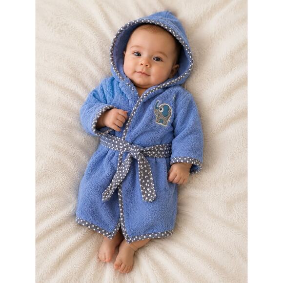 Unbranded Other - Baby Bathrobe 0-3 Months Blue Hooded Turkish Cotton Robe Elephant Embroidery